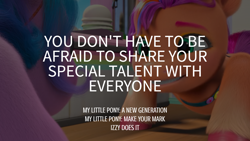 Size: 1920x1080 | Tagged: safe, edit, edited screencap, editor:quoterific, imported from derpibooru, screencap, izzy moonbow, sunny starscout, earth pony, pony, unicorn, spoiler:my little pony: make your mark chapter 2, spoiler:myms01e01, bag, coat markings, duo, duo female, encouragement, female, fluttershy's cutie mark, g5, grin, izzy does it, mare, my little pony: make your mark, my little pony: make your mark chapter 2, saddle bag, smiling, socks (coat markings), twilight sparkle's cutie mark