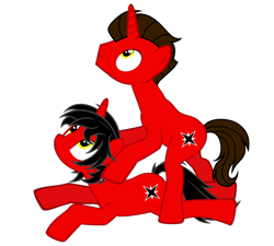 Size: 2952x2659 | Tagged: safe, artist:equestria secret guard, imported from derpibooru, oc, oc only, oc:dark star, oc:友谊领主暗星, pony, unicorn, pony creator, dark star, duo, female, fight, horn, male, mare, movie, my little dark stars, not nazi, simple background, stallion, teeth, transparent background, unicorn oc, weapon