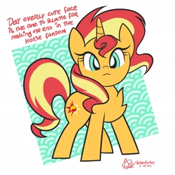 Size: 1920x1920 | Tagged: safe, artist:theratedrshimmer, imported from derpibooru, sunset shimmer, pony, unicorn, chest fluff, cute, frame, looking at you, passepartout, shimmerbetes, simple background, solo, text, white background