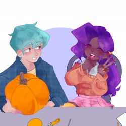 Size: 2048x2048 | Tagged: safe, artist:jocks_housewife, imported from derpibooru, hitch trailblazer, pipp petals, human, adorapipp, blushing, cute, dark skin, duo, duo male and female, eyes closed, female, g5, grin, halloween, humanized, male, open mouth, open smile, peace sign, pumpkin, pumpkin carving, smiling