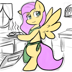 Size: 900x900 | Tagged: safe, artist:zutcha, imported from derpibooru, fluttershy, pegasus, pony, apron, baking, bipedal, clothes, cooking, cute, female, flutterwife, housewife, indoors, kitchen, looking at you, looking back, looking back at you, mare, oven, shyabetes, smiling, solo, spread wings, turned head, wings