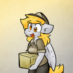 Size: 900x900 | Tagged: safe, artist:zutcha, imported from derpibooru, derpy hooves, anthro, pegasus, box, clothes, female, gradient background, mailmare, open mouth, solo, uniform