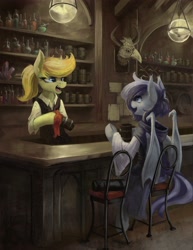 Size: 3165x4096 | Tagged: safe, artist:blvckmagic, imported from derpibooru, oc, oc only, bat pony, earth pony, pony, bar, bartender, bat pony oc, bat wings, chair, cloak, clothes, female, hood, robe, smiling, talking, tankard, tavern, wings