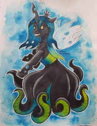 Size: 1320x1722 | Tagged: dead source, safe, artist:jonessketchbook, imported from derpibooru, queen chrysalis, changeling, hybrid, monster pony, octopony, original species, seapony (g4), bubble, cecaelia, crown, fangs, female, fin wings, fins, flowing mane, green mane, horn, ink drawing, jewelry, looking at you, ocean, regalia, seaponified, seapony chrysalis, signature, smiling, smiling at you, solo, species swap, swimming, teeth, traditional art, underwater, water, wings, yellow eyes