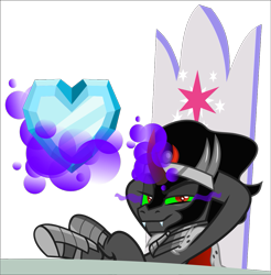 Size: 1199x1217 | Tagged: safe, anonymous artist, derpibooru exclusive, imported from derpibooru, king sombra, pony, unicorn, .svg available, armor, cape, clothes, crystal heart, fangs, friendship throne, glowing, glowing horn, hoof shoes, horn, magic, male, simple background, smiling, smirk, smug, solo, sombra eyes, stallion, svg, telekinesis, the crystal empire 10th anniversary, transparent background, vector, welcome home twilight