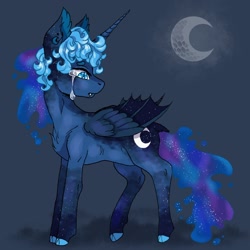 Size: 1024x1024 | Tagged: safe, artist:brot-art, imported from derpibooru, princess luna, alicorn, pony, alternate design, alternate universe, crescent moon, crying, fangs, hybrid wings, moon, sad, solo, story included, wings