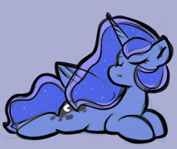 Size: 900x756 | Tagged: safe, artist:zutcha, imported from derpibooru, princess luna, alicorn, pony, eyes closed, female, lying down, mare, prone, purple background, simple background, solo