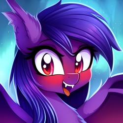 Size: 2048x2048 | Tagged: safe, derpibooru exclusive, editor:ramprover, imported from derpibooru, oc, oc only, unnamed oc, bat pony, pony, ai content, ai generated, bat pony oc, bat wings, bedroom eyes, blue background, blushing, bust, chest fluff, cute, ear fluff, eyebrows, fangs, female, generator:purplesmart.ai, generator:stable diffusion, high res, looking at you, mare, ocbetes, open mouth, open smile, portrait, simple background, smiling, smiling at you, solo, spread wings, tongue out, wings