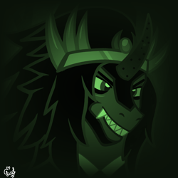 Size: 1080x1080 | Tagged: safe, artist:flutteryaylove, imported from derpibooru, king sombra, pony, green background, simple background, smiling, the crystal empire 10th anniversary