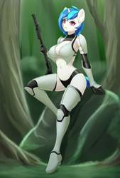 Size: 2500x3700 | Tagged: safe, artist:junglemango, imported from derpibooru, dj pon-3, vinyl scratch, anthro, unicorn, armor, belly button, blaster, breasts, busty vinyl scratch, cleavage, gun, horn, looking at you, midriff, rifle, solo, star wars, stormtrooper, weapon