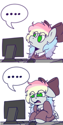 Size: 498x988 | Tagged: safe, artist:bluemoon, imported from derpibooru, oc, oc only, oc:blazey sketch, pegasus, pony, ..., bow, clothes, comic, commission, computer, computer reaction faces, cringing, do not want, gift art, hair bow, horrified, multicolored hair, reaction image, shocked, simple background, small wings, solo, sweater, white background, wings