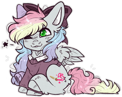 Size: 1002x797 | Tagged: safe, artist:heartsketch1, imported from derpibooru, oc, oc:blazey sketch, pegasus, pony, blushing, bow, clothes, commission, gift art, green eyes, grey fur, hair bow, multicolored hair, one eye closed, outline, simple background, sitting, solo, sweater, transparent background, white outline, wink, ych result