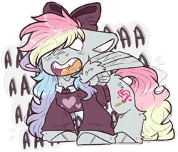 Size: 969x825 | Tagged: safe, artist:heartsketch1, imported from derpibooru, oc, oc only, oc:blazey sketch, pegasus, pony, aaaaaaaaaa, bow, clothes, commission, gift art, grey fur, hair bow, long hair, long tail, multicolored hair, outline, scared, simple background, solo, sweater, tail, transparent background, white outline, ych result