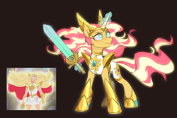 Size: 3000x2000 | Tagged: safe, artist:jewellier, imported from derpibooru, sunset shimmer, pony, unicorn, adora, alternate hairstyle, armor, clothes, cosplay, costume, crossover, female, flowing mane, glowing, glowing horn, golden armor, horn, jewelry, levitation, magic, magic aura, mare, scene interpretation, screencap reference, she-ra, she-ra and the princesses of power, shoes, solo, sword, telekinesis, tiara, weapon