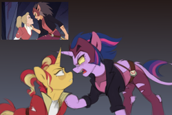 Size: 3000x2000 | Tagged: safe, artist:jewellier, imported from derpibooru, sunset shimmer, twilight sparkle, hybrid, pony, unicorn, adora, alternate hairstyle, angry, armor, catra, clothes, cosplay, costume, crossover, female, jacket, leonine tail, mare, pants, ripped pants, scene interpretation, screencap reference, she-ra and the princesses of power, shirt, shoes, slit pupils, solo, tail, torn clothes, unicorn twilight