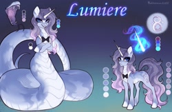 Size: 2497x1633 | Tagged: safe, artist:hakkerman, imported from derpibooru, oc, oc only, oc:lumiere, hybrid, lamia, original species, unicorn, bowtie, concave belly, fangs, forked tongue, horn, hybrid oc, lamia oc, magic, magic aura, male, reference sheet, scaled underbelly, slim, slit pupils, stallion, standing, stripes, thin