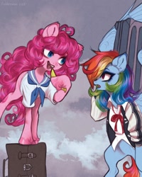 Size: 1728x2160 | Tagged: safe, artist:hakkerman, imported from derpibooru, pinkie pie, rainbow dash, earth pony, pegasus, pony, anime, banana, clothes, cloud, cloudy, cosplay, costume, food, jacket, kill la kill, mako mankanshoku, ryuko matoi, sailor uniform, simple background, suitcase, uniform, unshorn fetlocks, varsity jacket