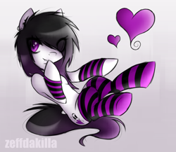 Size: 1500x1300 | Tagged: safe, artist:zeffdakilla, imported from derpibooru, oc, oc only, oc:lacey lullaby, earth pony, arm warmers, black hair, black mane, clothes, cute, ear piercing, earring, emo, female, floating, heart, jewelry, looking at you, piercing, raised hoof, scene, scene kid, simple background, smiling, socks, solo, striped socks, white fur