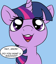 Size: 1302x1491 | Tagged: safe, artist:axlearts, imported from derpibooru, twilight sparkle, pony, blue background, bronybait, cute, dialogue, faic, implied anon, implied kissing, looking at you, simple background, solo, talking to viewer, twiabetes