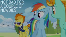 Size: 1920x1080 | Tagged: safe, edit, edited screencap, editor:quoterific, imported from derpibooru, screencap, lightning dust, rainbow dash, spitfire, pegasus, pony, wonderbolts academy, clothes, compliment, female, grin, looking at someone, looking back, mare, necktie, not bad, smiling, spitfire's whistle, sunglasses, trio, trio female, uniform, whistle, whistle necklace, wonderbolts dress uniform