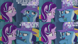 Size: 4400x2475 | Tagged: safe, edit, edited screencap, editor:quoterific, imported from derpibooru, screencap, starlight glimmer, trixie, pony, unicorn, to where and back again, cape, clothes, duo, duo female, encouragement, female, frown, hat, implied discord, lip bite, mare, nervous, open mouth, open smile, pointing, raised hoof, smiling, trixie's cape, trixie's hat