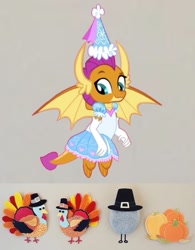 Size: 703x900 | Tagged: safe, artist:darlycatmake, imported from derpibooru, smolder, dragon, clothes, cute, decoration, dragoness, dress, female, flying, froufrou glittery lacy outfit, gloves, happy, hat, hennin, holiday, impressed, long gloves, looking down, princess, princess smolder, smiling, smolderbetes, thanksgiving