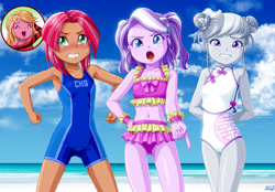 Size: 1200x834 | Tagged: safe, artist:uotapo, imported from derpibooru, babs seed, diamond tiara, silver spoon, human, equestria girls, adorabullies, alternate hairstyle, beach, belly button, bikini, bikini bottom, bikini top, blushing, cheongsam, clothes, cute, diamondbetes, dress, female, freckles, gritted teeth, legs together, midriff, one-piece swimsuit, open mouth, school swimsuit, silverbetes, sunflower (g4), swimsuit, teeth