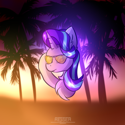 Size: 1000x1000 | Tagged: safe, artist:rejiser, imported from derpibooru, starlight glimmer, pony, unicorn, bust, chest fluff, female, palm tree, solo, sunglasses, tree