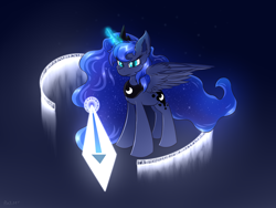 Size: 1800x1350 | Tagged: safe, artist:rejiser, imported from derpibooru, princess luna, alicorn, pony, female, glowing, glowing horn, horn, magic, magic circle, solo, sword, weapon