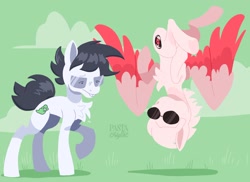 Size: 2048x1489 | Tagged: safe, artist:pastacrylic, imported from derpibooru, earth pony, pegasus, pony, colored wings, dave strider, homestuck, john egbert, multicolored wings, ponified, upside down, wings