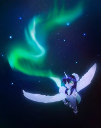 Size: 1618x2048 | Tagged: safe, artist:draw3, imported from derpibooru, oc, oc only, oc:asteria, alicorn, pony, alicorn oc, aurora borealis, commission, constellation, female, flying, glowing, glowing tail, grin, horn, looking back, mare, night, smiling, solo, spread wings, stars, tail, wings