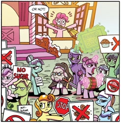 Size: 750x759 | Tagged: safe, artist:brendahickey, idw, imported from derpibooru, carrot top, diamond tiara, golden harvest, lotus blossom, pinkie pie, temperance flowerdew, earth pony, pony, unicorn, spoiler:comic, spoiler:comic63, anti-sugar league, dialogue, drum beet, female, filly, foal, g4, group, jethro dull, levitation, magic, male, mare, protest, sour bash, speech bubble, stallion, telekinesis, unnamed character, unnamed pony