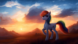 Size: 3840x2160 | Tagged: safe, derpibooru exclusive, imported from derpibooru, rainbow dash, pegasus, pony, ai assisted, ai content, beautiful, cloud, cloudy, cute, dashabetes, detailed, female, generator:stable diffusion, grass, looking at you, mare, mountain, mountain range, outdoors, raised hoof, scenery, sky, solo, standing, sunset, wallpaper