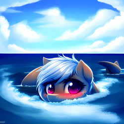 Size: 2048x2048 | Tagged: safe, derpibooru exclusive, editor:ramprover, imported from derpibooru, oc, oc only, oc:colddry, original species, pony, shark, shark pony, ai content, ai generated, bedroom eyes, blushing, cute, female, generator:purplesmart.ai, generator:stable diffusion, hiding, looking at you, mare, ocean, shark pony oc, smiling, solo, swimming, tail, water