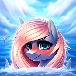 Size: 2048x2048 | Tagged: safe, derpibooru exclusive, editor:ramprover, imported from derpibooru, oc, oc only, oc:sunken coral, original species, pony, shark, shark pony, ai content, ai generated, bedroom eyes, blushing, cute, female, generator:purplesmart.ai, generator:stable diffusion, hiding, looking at you, mare, ocean, shark pony oc, smiling, solo, swimming, water