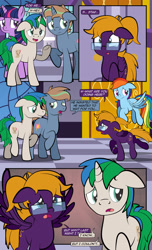 Size: 1920x3168 | Tagged: safe, artist:alexdti, imported from derpibooru, rainbow dash, twilight sparkle, oc, oc:brainstorm (alexdti), oc:purple creativity, oc:star logic, alicorn, pegasus, pony, unicorn, comic:quest for friendship, comic, crying, dialogue, ears back, female, flying, folded wings, glasses, high res, hooves, horn, husband and wife, looking at each other, looking at someone, looking back, male, mare, narrowed eyes, open mouth, open smile, pegasus oc, pinpoint eyes, raised hoof, raised leg, shadow, smiling, speech bubble, spread wings, stallion, standing, tail, twilight sparkle (alicorn), two toned mane, two toned tail, underhoof, unicorn oc, wings