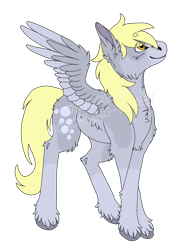 Size: 1018x1381 | Tagged: safe, artist:cackling-beast, derpibooru exclusive, imported from derpibooru, derpy hooves, pegasus, blonde mane, crossed legs, eye clipping through hair, gray coat, looking up, orange eyes, simple background, smiling, solo, spread wings, transparent background, watermark, wings