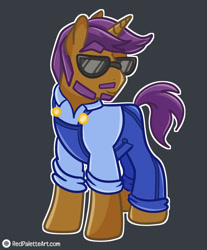 Size: 813x983 | Tagged: safe, artist:redpalette, imported from derpibooru, oc, unicorn, beard, clothes, facial hair, horn, male, overalls, stallion, sunglasses, unicorn oc