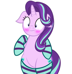 Size: 5044x5208 | Tagged: safe, alternate version, artist:mrvector, imported from derpibooru, starlight glimmer, unicorn, bipedal, blushing, both cutie marks, chubby, clothes, cute, female, floppy ears, frown, glimmerbetes, mare, raised leg, simple background, socks, solo, striped socks, transparent background, wide hips