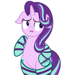 Size: 5044x5208 | Tagged: safe, alternate version, artist:mrvector, imported from derpibooru, starlight glimmer, unicorn, bipedal, both cutie marks, chubby, clothes, cute, female, floppy ears, frown, glimmerbetes, mare, raised leg, simple background, socks, solo, striped socks, transparent background, wide hips