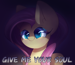 Size: 2600x2250 | Tagged: safe, artist:miryelis, imported from derpibooru, fluttershy, pegasus, pony, big ears, bust, glowing, glowing eyes, looking at you, meme, shadow, smiling, smiling at you, solo, text