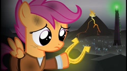 Size: 1280x720 | Tagged: safe, artist:jacob kitts, imported from derpibooru, scootaloo, changeling, pegasus, pony, 2012, barad-dûr, crossover, female, filly, foal, horseshoes, lord of the rings, mount doom, nostalgia, parody, ponified, re-enacted by ponies, solo, this will end in tears and/or death and/or covered in tree sap, thumbnail, youtube, youtube link, youtube thumbnail
