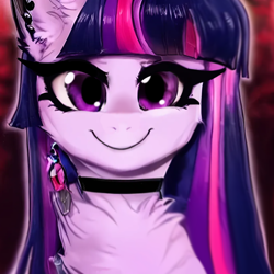 Size: 1024x1024 | Tagged: safe, derpibooru exclusive, editor:xchan, imported from derpibooru, twilight sparkle, pony, unicorn, ai content, ai generated, alternate hairstyle, bust, chest fluff, choker, chokertwi, ear fluff, ear piercing, earring, eyeliner, female, fluffy, generator:purplesmart.ai, generator:stable diffusion, jewelry, long eyelashes, long hair, looking at you, makeup, piercing, portrait, purple eyes, smiling, smiling at you, solo, unicorn twilight