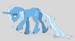 Size: 1462x793 | Tagged: safe, artist:woollyart, imported from derpibooru, trixie, pony, unicorn, butt, curved horn, female, floppy ears, horn, looking back, mare, plot, sad, solo, the great and powerful ass, the sad and depresive trixie, wet, wet mane