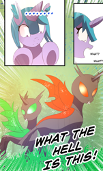 Size: 2480x4100 | Tagged: safe, artist:lucielity, imported from derpibooru, oc, oc:rumstone, oc:saphire, oc:shift changeling, changeling, pony, unicorn, comic:my crush is a pony?, comic, female, forest, freakout, green changeling, horn, mare, orange changeling, red changeling, unicorn oc