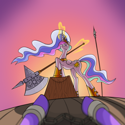 Size: 1981x1973 | Tagged: safe, anonymous artist, imported from derpibooru, princess celestia, alicorn, pony, axe, chopping block, criminal, crown, execution, female, glowing, glowing horn, horn, imminent death, imminent decapitation, jewelry, levitation, magic, melee weapon, offscreen character, pike, pov, regalia, shackles, telekinesis, unknown pony, weapon