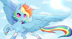 Size: 1950x1080 | Tagged: safe, artist:woollyart, imported from derpibooru, rainbow dash, pegasus, pony, bandage, bandaid, bandaid on nose, colored hooves, open mouth, open smile, smiling, solo, spread wings, winged hooves, wings