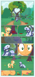 Size: 1919x4225 | Tagged: safe, artist:estories, imported from derpibooru, applejack, oc, oc:silverlay, earth pony, original species, pony, unicorn, comic:a(pple)ffection, apple, apple tree, applejack's hat, canon x oc, comic, cowboy hat, duo, eyes closed, female, freckles, hat, intertwined trees, lesbian, mare, marriage proposal, open mouth, pear tree, rock, shipping, silverjack, tree, umbra pony, vector