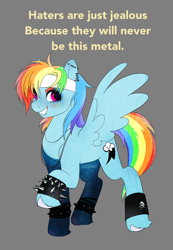 Size: 2132x3084 | Tagged: safe, artist:aztrial, imported from derpibooru, rainbow dash, pegasus, pony, alternate hairstyle, anklet, cute, dashabetes, ear piercing, earring, eyeshadow, female, gray background, grin, headband, jewelry, makeup, mare, meme, metal, necklace, piercing, raised hoof, simple background, smiling, solo, spiked wristband, wristband