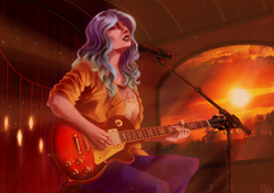 Size: 3200x2250 | Tagged: safe, artist:hilloty, imported from derpibooru, princess celestia, human, electric guitar, evening, female, guitar, humanized, les paul, microphone, musical instrument, solo, sun